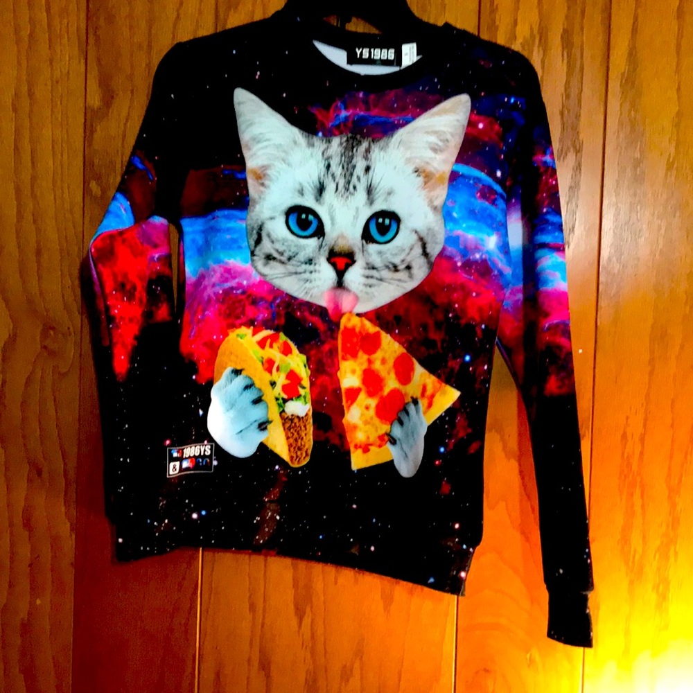 Men’s size small kitty sweatshirt with space BG